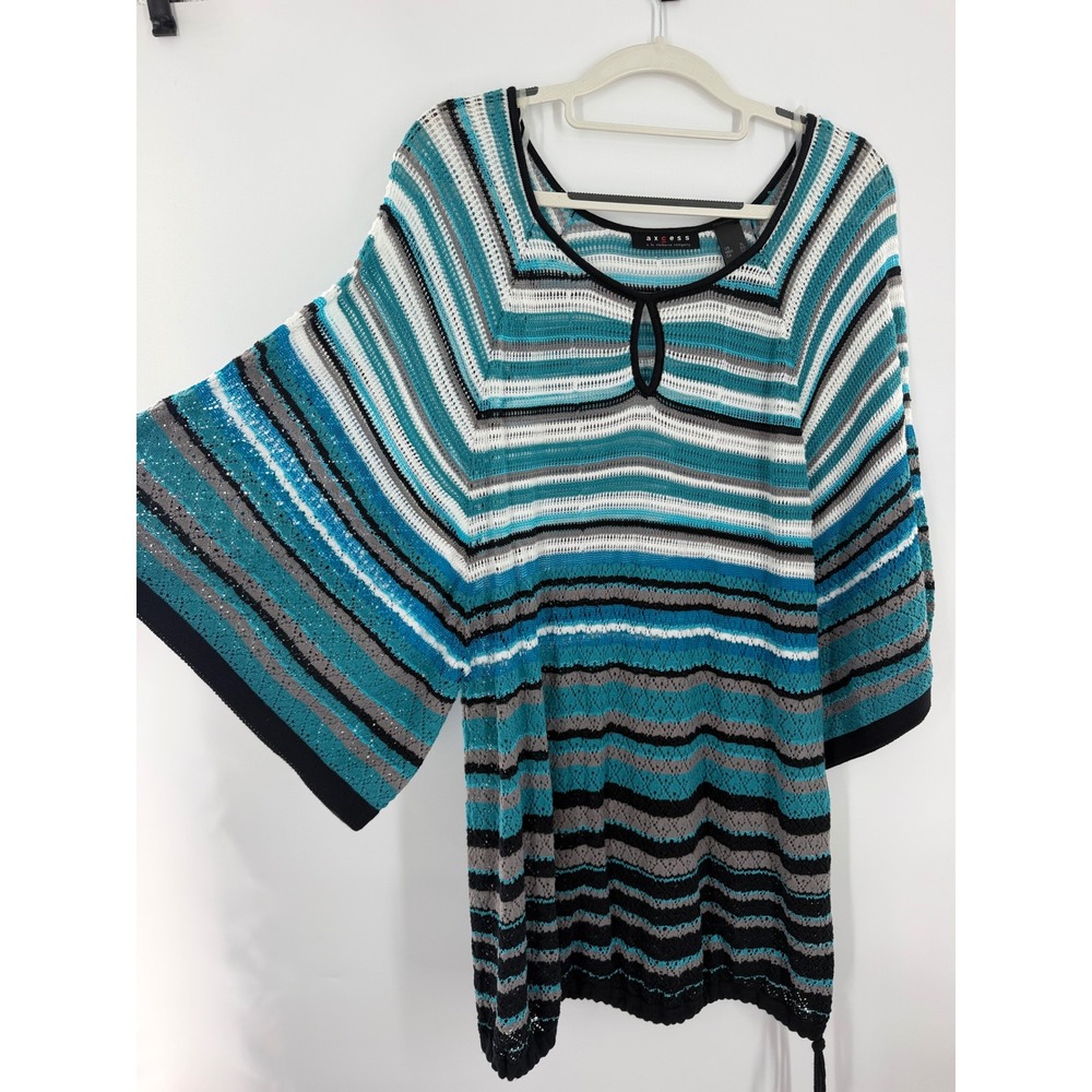 Axcess Liz Claiborne Striped Knit Tunic Top Teal Blue XL Keyhole Dolman Sleeve